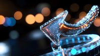 Sparkling glass high heel shoe with blurred bokeh lights in background creates magical evening atmosphere, suitable for fashion and luxury concepts.