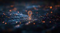 Glowing orange location pin icon on dark digital network surface with bokeh light effects and connected dots representing global positioning technology.