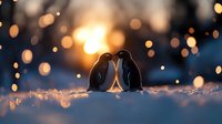 Two penguins silhouetted against golden sunset, touching beaks in romantic pose amid sparkling bokeh lights and snow, creating magical winter atmosphere.
