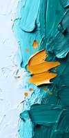 Abstract oil paint texture with bold turquoise and golden yellow brush strokes on white background, creating dynamic movement and artistic expression.