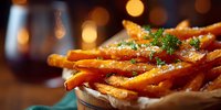 Golden crispy french fries with fresh herbs and sea salt in rustic basket, warm bokeh background for restaurant menu and food advertising campaigns.