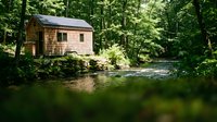 Rustic wooden cabin nestled beside flowing stream in lush forest setting, surrounded by dense green trees and natural woodland landscape for travel and nature content.