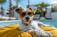 Small terrier mix dog wearing sunglasses relaxing on yellow pool float during summer day. Palm trees and swimming pool in background create vacation atmosphere.