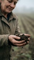 Senior Caucasian male farmer holding rich dark soil in cupped hands on agricultural field, sustainable farming and organic agriculture concept.