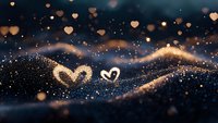 Glowing heart shapes made of golden particles and sparkles on dark blue background with bokeh lights, romantic love concept for Valentine's Day and wedding designs.