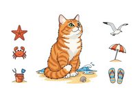 Orange tabby cat sitting on sandy beach with seashell, surrounded by summer beach elements including starfish, crab, seagull, umbrella, bucket and flip-flops. Isolated clipart for design projects.