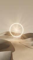 Glowing neon circle portal emitting radiant light rays in surreal desert landscape with undulating sand dunes, creating mystical atmosphere for contemporary art and design projects.