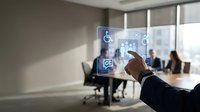 Businessman hand touching digital accessibility interface with disability icons in modern office meeting room with colleagues in background.