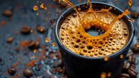 Fresh coffee splashing in black mug with foam and coffee beans scattered on dark surface creating dynamic morning beverage scene for cafe marketing.