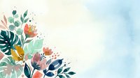 Watercolor botanical arrangement with tropical leaves and flowers in coral, gold, and teal tones on soft blue background. Artistic floral design for invitations, greeting cards, and wall decor.