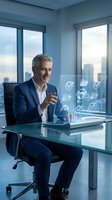 Middle-aged Caucasian male executive in navy business suit working with holographic digital interface at glass desk in modern high-rise office with city skyline view.