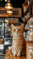Ginger cat sitting attentively on wooden counter in cozy cafe interior with warm lighting and glass jars. Atmospheric composition for hospitality and pet-friendly business.
