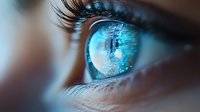 Close-up of a human eye with striking blue iris featuring digital circuit patterns and technology overlay, representing artificial intelligence, innovation, and digital vision for tech concepts.