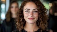 Young Caucasian woman with curly brown shoulder-length hair and natural makeup smiling warmly at camera, professional headshot on blurred background for business or lifestyle content.