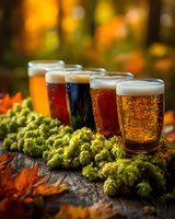 Variety of craft beer glasses with different colored brews arranged on rustic wooden surface with fresh hop cones and autumn leaves in background.