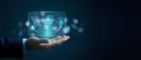 Businessman hand holding holographic digital interface with network connections and data visualization on dark blue background for technology presentations.