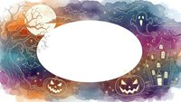 Halloween watercolor frame with spooky elements including pumpkins, haunted house, ghost, and bare tree branches creating festive border for text or design.