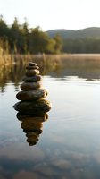 Zen stone stack balanced on calm lake water with mountain reflection at sunset creating peaceful meditation and mindfulness atmosphere for wellness concepts.