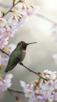 Tiny hummingbird perched on cherry blossom branch with delicate pink flowers in soft spring garden setting for nature and wildlife photography.