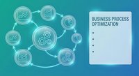 Business process optimization concept with connected icons showing analytics, charts, gears and workflow elements on gradient background for presentations.