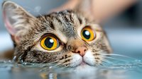 Curious tabby cat with bright yellow eyes peering over edge of water, showing only top half of face in close-up macro photography. Ideal for pet care and feline behavior concepts.