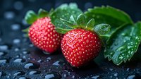 Fresh ripe strawberries with water drops on dark background, green leaves covered with morning dew, macro food photography in natural light.