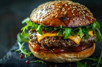 Juicy cheeseburger with beef patty, melted cheddar, fresh arugula and sesame bun on dark background. Close up view of gourmet burger with sauce.
