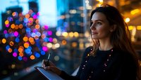 Young woman with notebook smiling at night city view with colorful bokeh lights, urban lifestyle portrait in evening atmosphere.