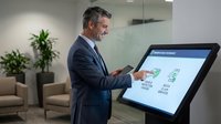 Mature Caucasian businessman in navy suit using interactive touchscreen kiosk in modern office lobby with plants and contemporary furniture for digital services.