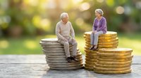 Senior couple sitting on stacks of coins discussing retirement planning and financial security in sunny park setting for investment concepts.