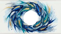 Abstract swirling fish circle in blue teal gold watercolor style with white center space for text or logo design on light background.
