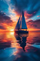 Sailboat silhouette against dramatic orange and blue sunset sky, reflecting on calm ocean water with vibrant clouds and golden sun touching horizon.