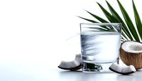 Fresh coconut water in glass with raw coconut pieces and tropical palm leaves on light background, natural organic drink for healthy lifestyle.