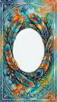 Ornate watercolor feather wreath frame with tribal patterns in turquoise and orange tones, oval white space for text or photos on decorative background.