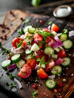 Fresh Mediterranean salad with chopped tomatoes, cucumbers, red onions and herbs on dark wooden background, seasoned with salt and pink peppercorns.