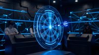 Futuristic control room with glowing blue holographic circular interface and network connections, representing advanced technology, data analysis, and digital innovation in a modern workspace.