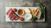 Raw beef tenderloin slices with sauces, cheese, bread and rosemary served on white marble board against dark background. Food photography setup.