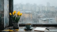 Yellow tulips in metal vase next to coffee cup on windowsill overlooking misty urban cityscape, creating cozy atmospheric morning scene with notebook and pen.
