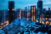 Circuit board pattern overlaid on blurred urban cityscape with bokeh lights creating futuristic technology concept in blue tones for digital transformation themes.