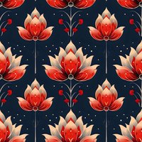 Elegant lotus flowers in coral red and cream form seamless pattern on navy background with delicate ornamental elements. Pattern repeats horizontally and vertically.