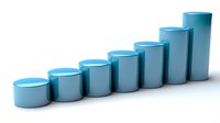 Blue cylindrical bars arranged in ascending order showing growth progression on white background, useful for business presentations.