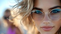 Young blonde woman with blue eyes wearing stylish sunglasses outdoors in natural sunlight with soft focus background for lifestyle and fashion concepts.