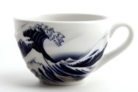 White ceramic coffee cup featuring dramatic Japanese wave art design in navy blue, inspired by traditional oriental artwork against snowy mountain backdrop.