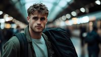Young handsome Caucasian man with curly hair and beard in casual jacket at busy train station or airport terminal with blurred background lights and travelers.