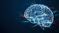 Digital brain network with glowing neural connections and data particles on dark blue background for artificial intelligence and technology concepts.