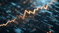 Glowing orange stock market chart line rises through digital data visualization background with dynamic light effects and market analytics.