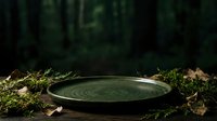Dark forest floor with moss-covered stone bowl filled with water, surrounded by lush green vegetation and fallen leaves, ideal for nature and wellness concepts.