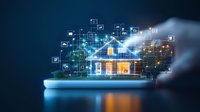 Digital smart home automation system on mobile device showing glowing house hologram with connected IoT icons and network technology interface.