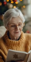 Senior woman in glasses and yellow sweater reading book with gentle smile, warm bokeh lights in background creating cozy holiday atmosphere.