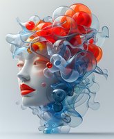 Surreal female profile with flowing abstract smoke forms in red and blue tones, featuring dramatic red lips against pale skin, artistic contemporary portrait composition.